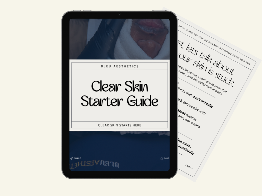 A digital tablet displaying a skincare guide titled 'Clear Skin Starter Guide' by Bleu Aesthetics, with a background image of a person's face with clear skin, and a printed sheet with skincare tips partially visible behind the tablet.