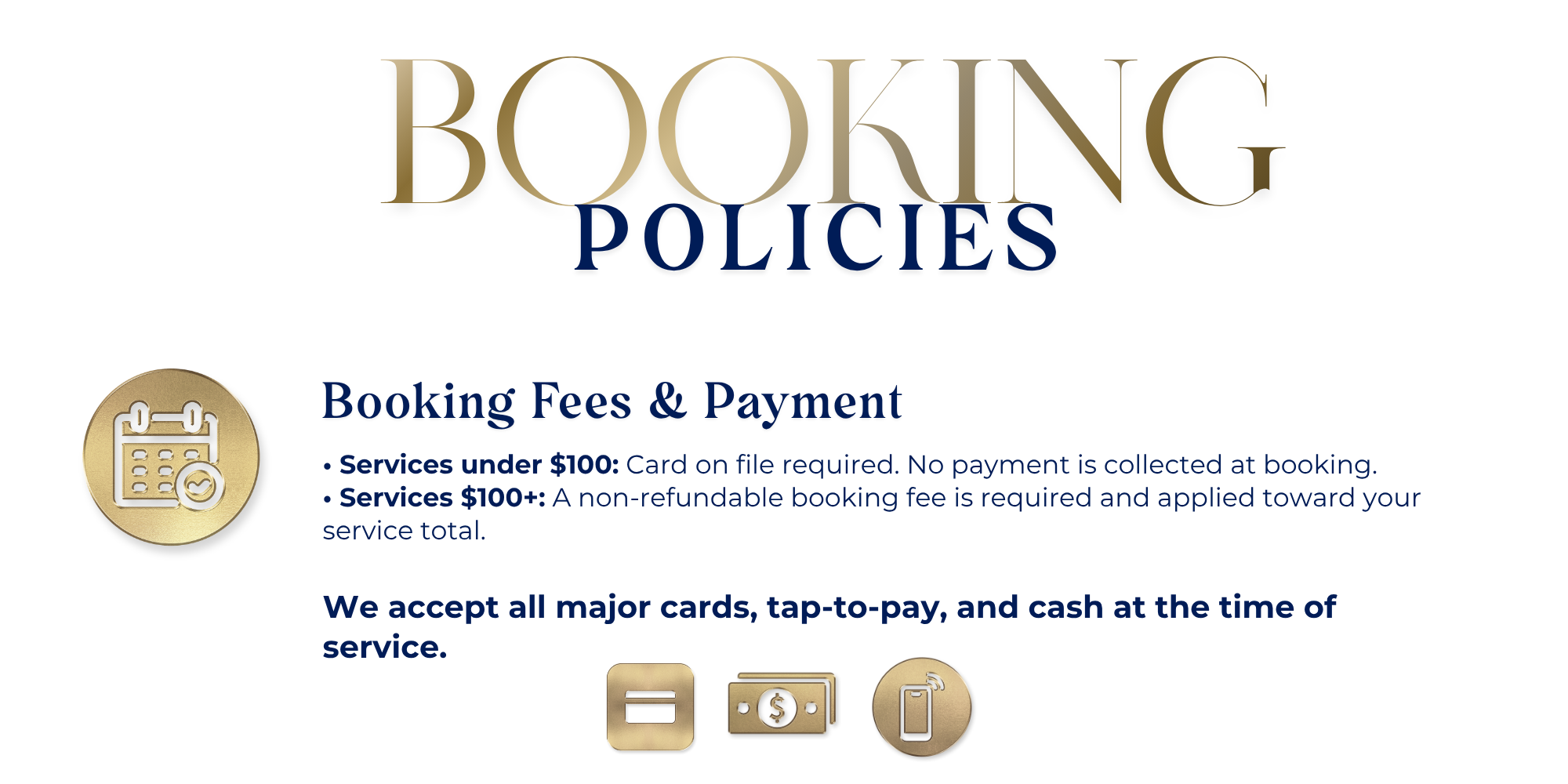 Graphic related to booking policies featuring text about booking fees and payment, along with icons for calendar, payment, and mobile phone.