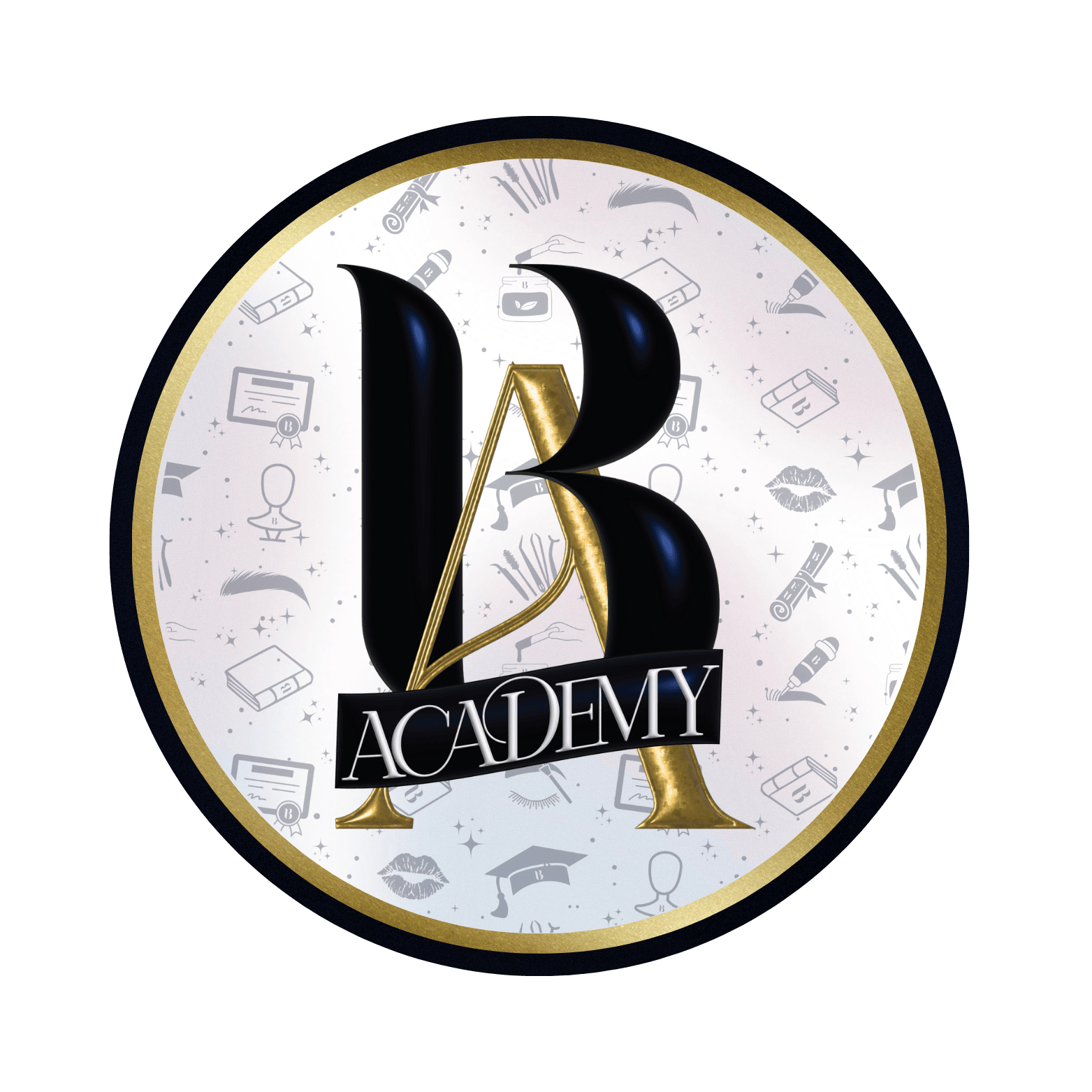 Close-up of a circular logo with a large black and gold letter 'A' in the center, the word 'ACADEMY' on a banner across the bottom, and various education-related icons in the background.