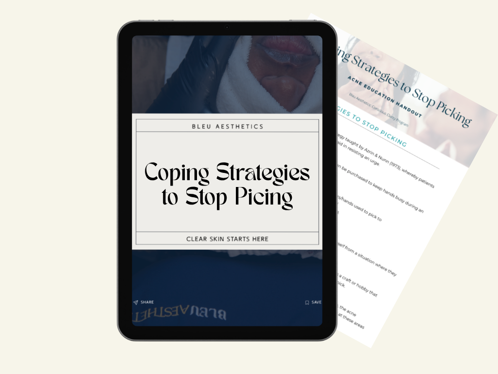 A tablet displaying a guide titled "Coping Strategies to Stop Picing" by Bleu Aesthetics with the subtitle "Clear Skin Starts Here," and a partially visible paper with similar content in the background.