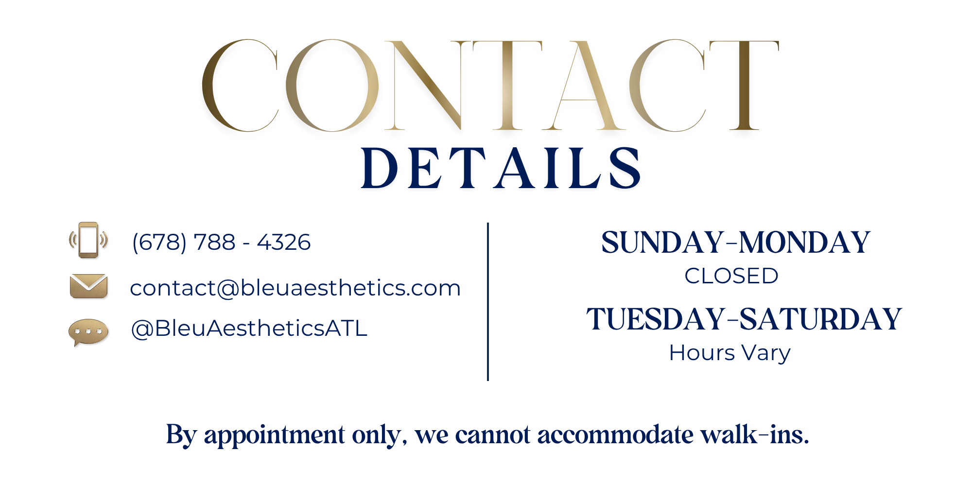 Contact details section for a business website with icons for phone, email, and chat.