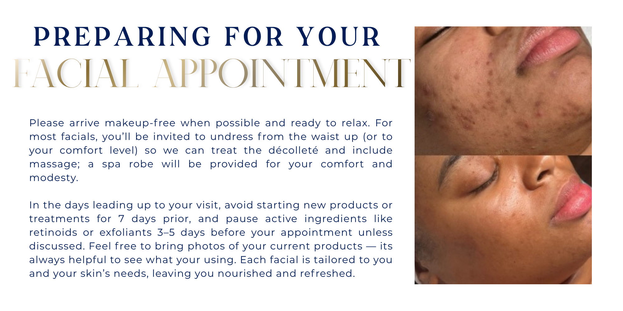 Text over black background with images of skin showing acne and skin in the background.