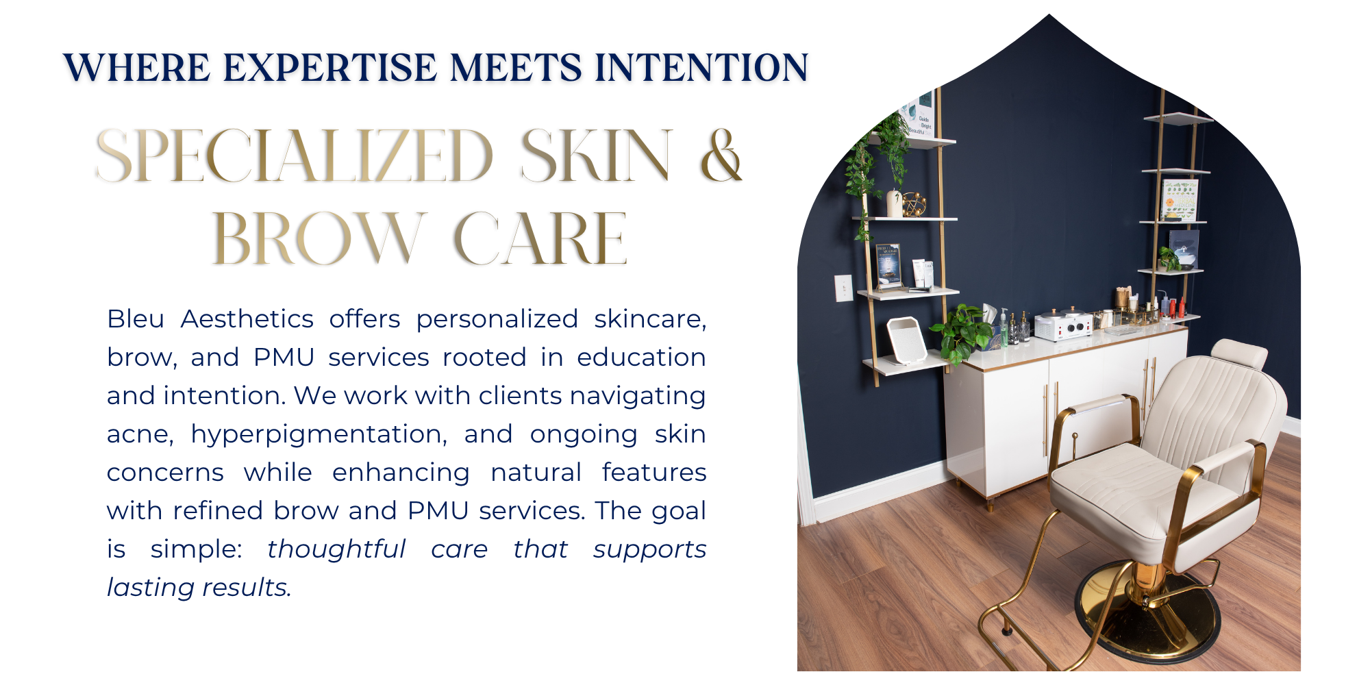 Interior of a skincare and brow care clinic with shelving, plants, a small white fridge, and a chair with gold accents on a wooden floor.