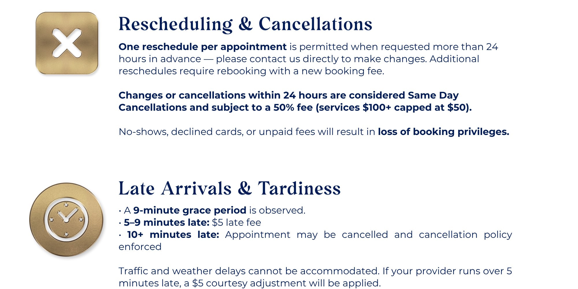 A hotel policy notice explains scheduling and cancellations, including late arrivals and tardiness, with icons of a cancel button and a clock.