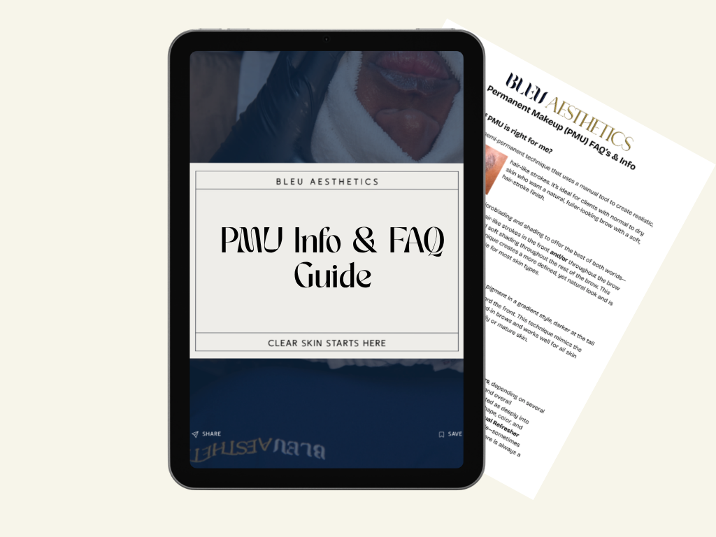A tablet displaying a guide titled 'PAKU Info & FAQ Guide' from Bleu Aesthetics, with a background of a face with skincare treatment, and a sheet of paper with skincare information partially visible behind the tablet.