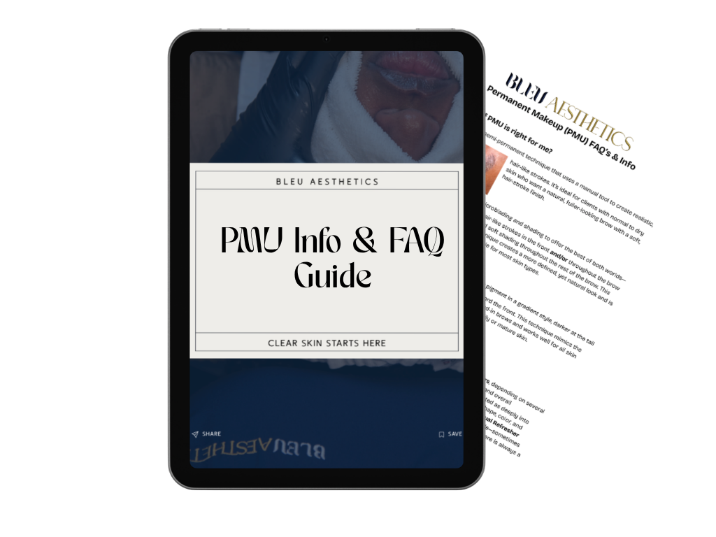 An iPad displaying a guide titled "Pmu Info & FAQ Guide" by Bleu Aesthetics, with a blurred background image of a person with makeup.