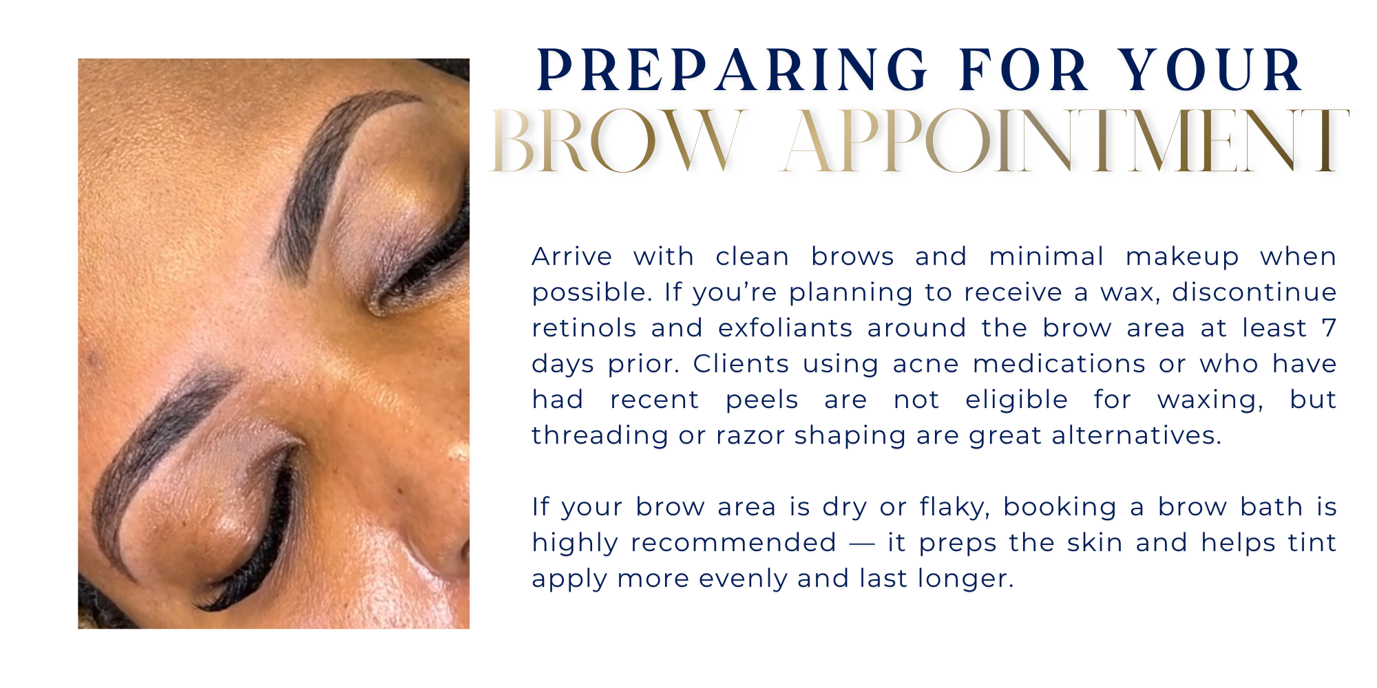 Close-up image of a woman's face with well-groomed eyebrows and makeup, accompanying text about preparing for a brow appointment.