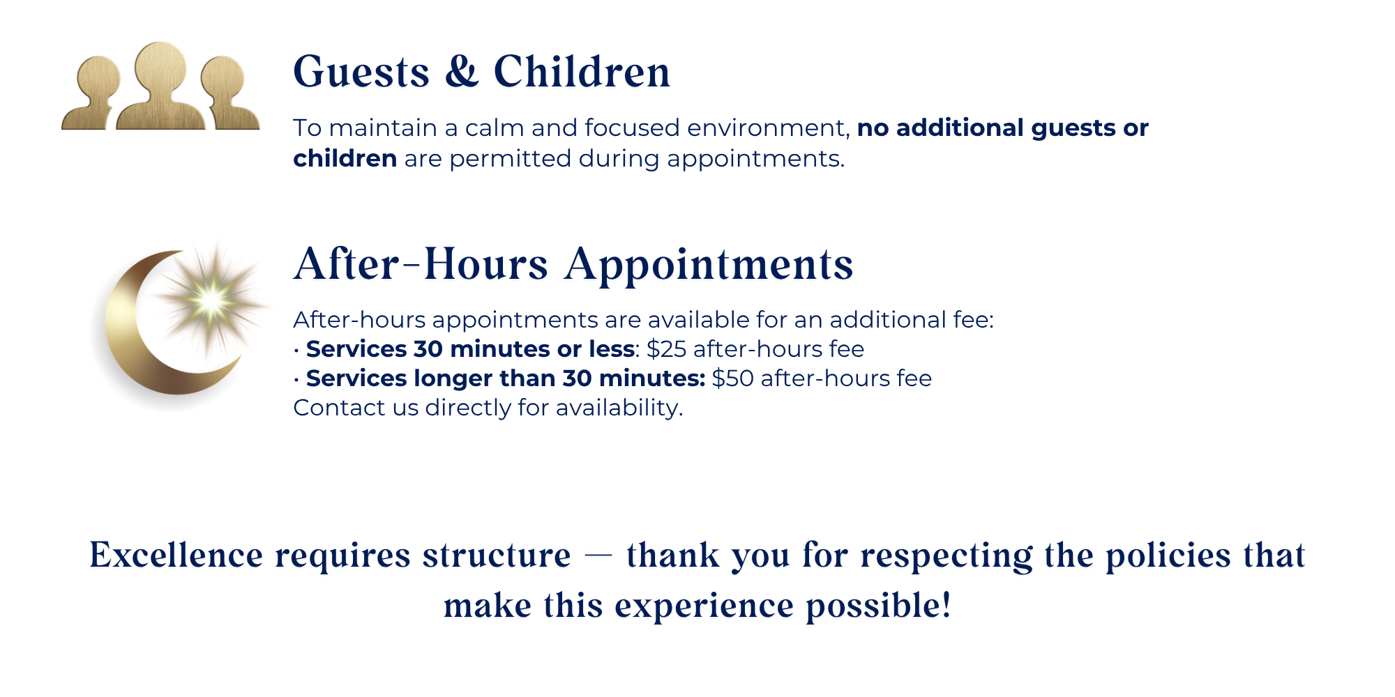 Sign indicating police station hours and policies, featuring a graphic of three person icons, a crescent moon, and a starburst. Text mentions guests and children being welcome after-hours, emphasizing the importance of security and respect for policies.