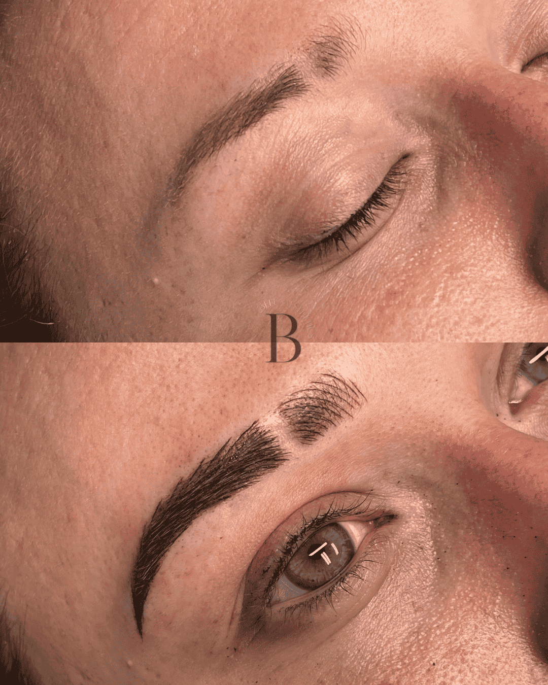 Close-up of a person's eye before and after eyebrow tattooing, showing the transformation from natural to filled-in, defined eyebrows.