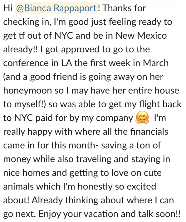 Screenshot of a social media post with text expressing gratitude for travel approvals and excitement about upcoming trips, mentioning NYC, New Mexico, LA, and personal plans.