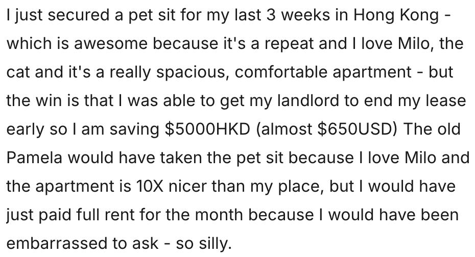 A text message about securing a pet sit in Hong Kong for three weeks, loving the cat Milo, and the apartment and cost savings compared to previous landlord.