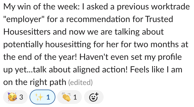 Screenshot of a social media post discussing a work-related achievement and future plans, with reactions including a laughing face, sparkle, clapping, and a smiling face with a halo.