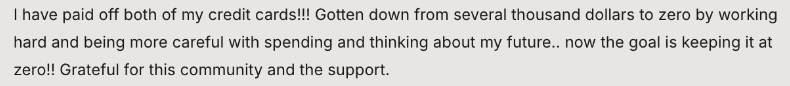 Text about having paid off credit cards and expressing gratitude for community and support.