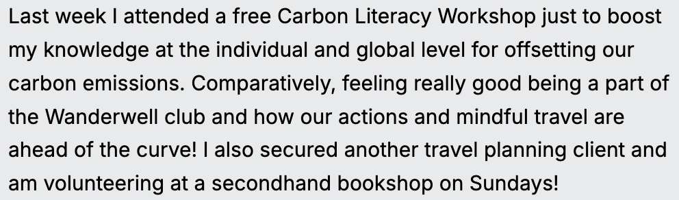 Text excerpt about attending a Carbon Literacy Workshop, feeling good about being environmentally conscious, participating in the Wanderwell club, and volunteering at a secondhand bookstore.