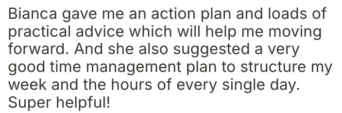 Text discussing Bianca providing an action plan and practical advice for time management and weekly planning.