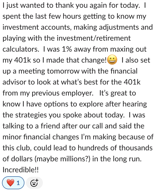 A screenshot of a message expressing gratitude for financial advice, discussing investment account adjustments, a meeting with a financial advisor, and potential significant financial gains, ending with excitement and a smiley face emoji.