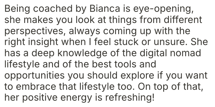 Text describing Bianca's coaching style and digital nomad lifestyle knowledge.