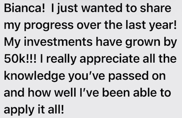 Text message expressing gratitude for passing knowledge, celebrating a 50k increase in investments over the past year.