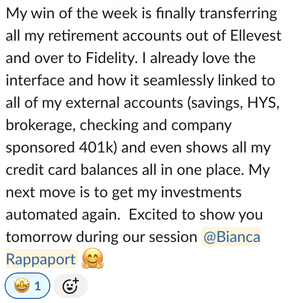 Screenshot of a text message about financial management, transferring retirement accounts to Fidelity, and preparing for an investment automation, with a mention of Bianca Rappaport and emojis.