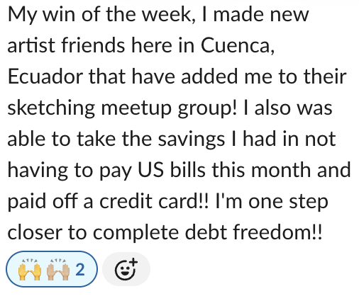 A social media post expressing achievement in making new artist friends in Cuenca, Ecuador, and saving money on bills, with reaction emojis below.
