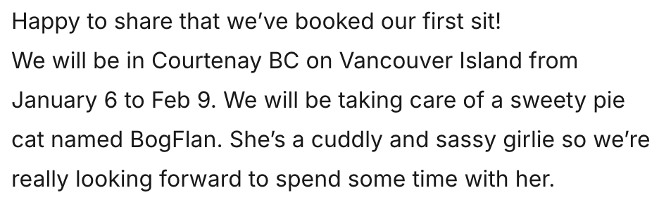 Text announcing a baby shower trip to Courtenay BC on Vancouver Island from January 6 to February 9, with a pet cat named BogFlan.