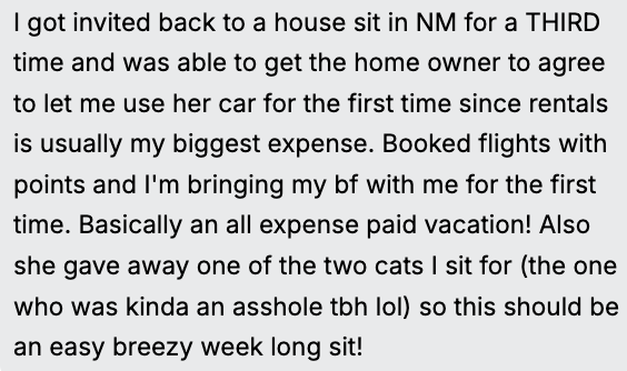 Screenshot of a text message about a vacation to New Mexico, using someone's car for the first time, booking flights, bringing a boyfriend, and giving away a cat.