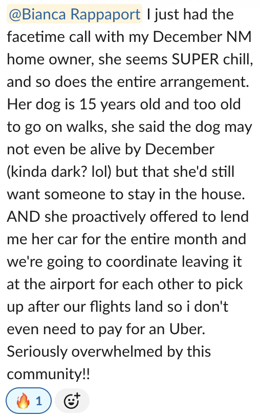 Screenshot of a social media post with a comment praising a December NM homeowner for being chill, including details about her dog, car lending, and community support.