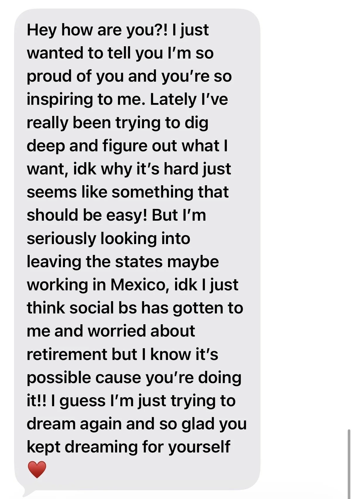 Text message conversation with a heartfelt message and a red heart emoji at the end.