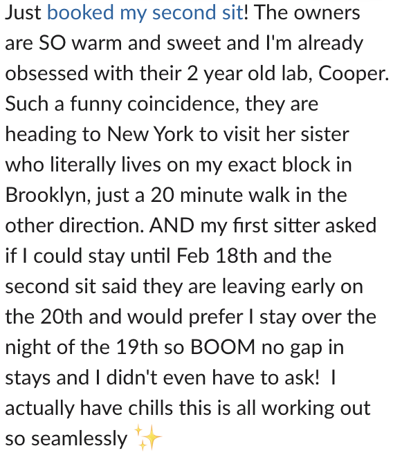 Text about booking a second babysitter, discussing the pet Cooper, and coordinating visits with family in Brooklyn.