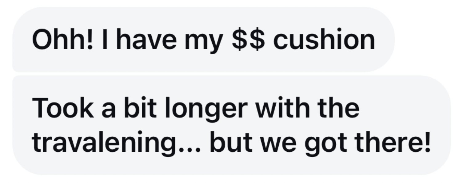 Screenshot of a text message conversation with two messages, one saying "Ohh! I have my $$ cushion" and the other saying "Took a bit longer with the traveling... but we got there!"