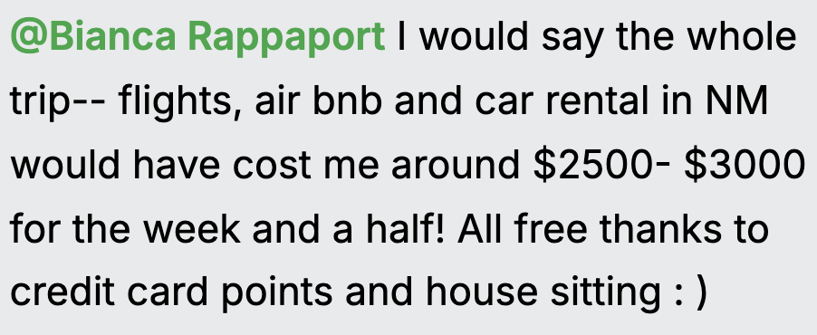 Screenshot of a social media comment by Bianca Rappaport discussing traveling expenses, mentioning flights, Airbnb, and car rental in New Mexico, and praising credit card points and house sitting for free.