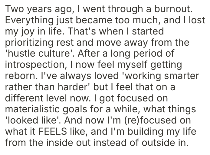 Text about personal growth, burnout recovery, and focusing on inner feelings versus external achievements.