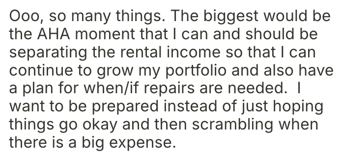 Text discussing financial and portfolio planning, rental income, and being prepared for repairs.