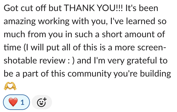 A screenshot of a thank you message expressing gratitude for collaboration, including appreciation for the community and a mention of a future review.