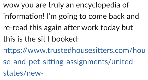 Screenshot of a text message praising someone's knowledge and sharing a website link