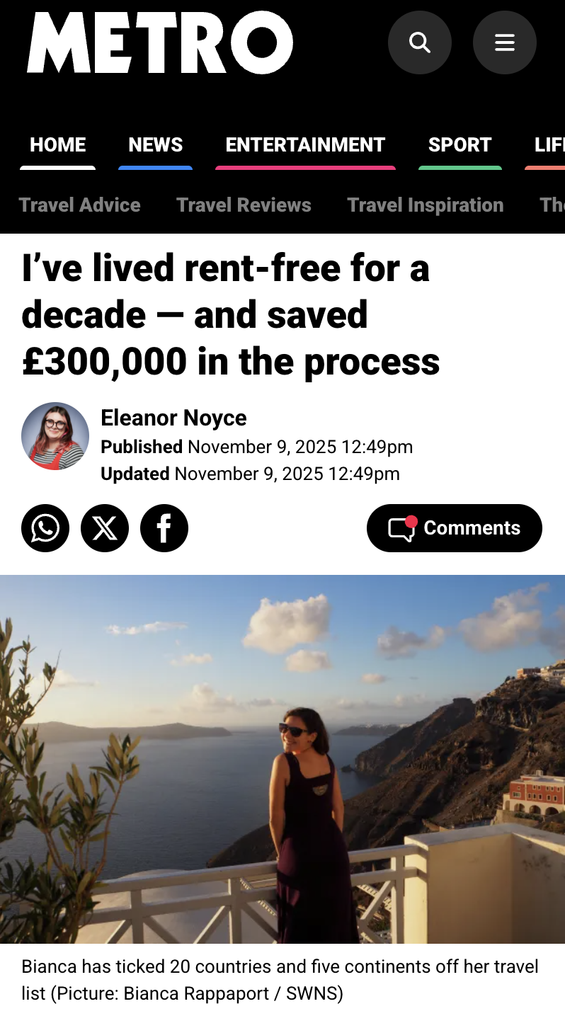 A travel article webpage featuring a woman in a black dress and sunglasses standing on a balcony overlooking a scenic coastal landscape with cliffs and water, under a partly cloudy sky.