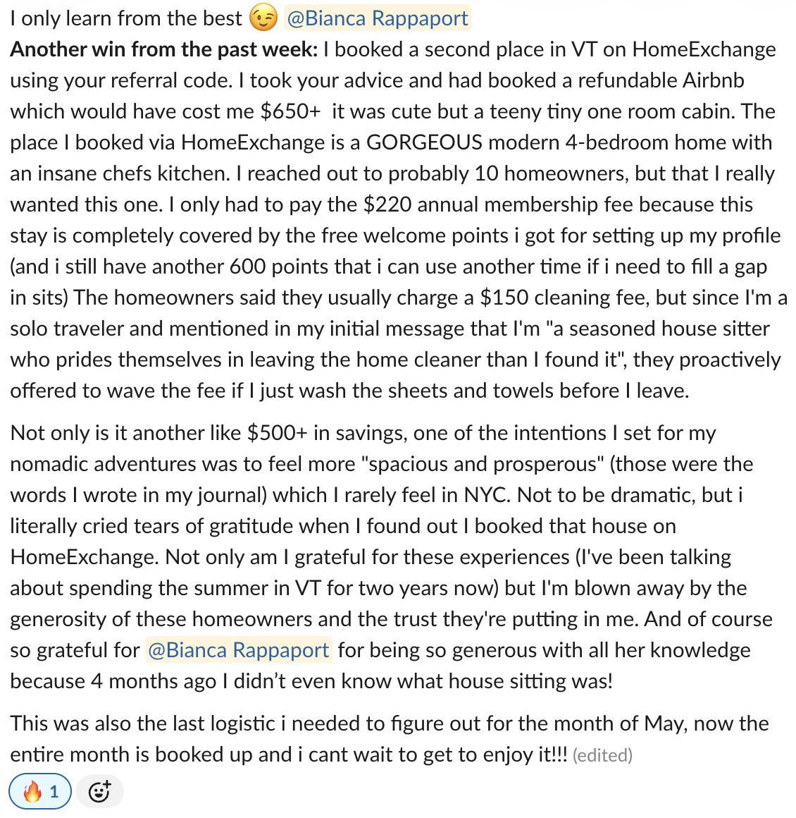 Screenshot of a social media post containing a lengthy message about booking a vacation home in Vermont on HomeExchange, thanking someone named Bianca Rappaport, and expressing gratitude for the experience.