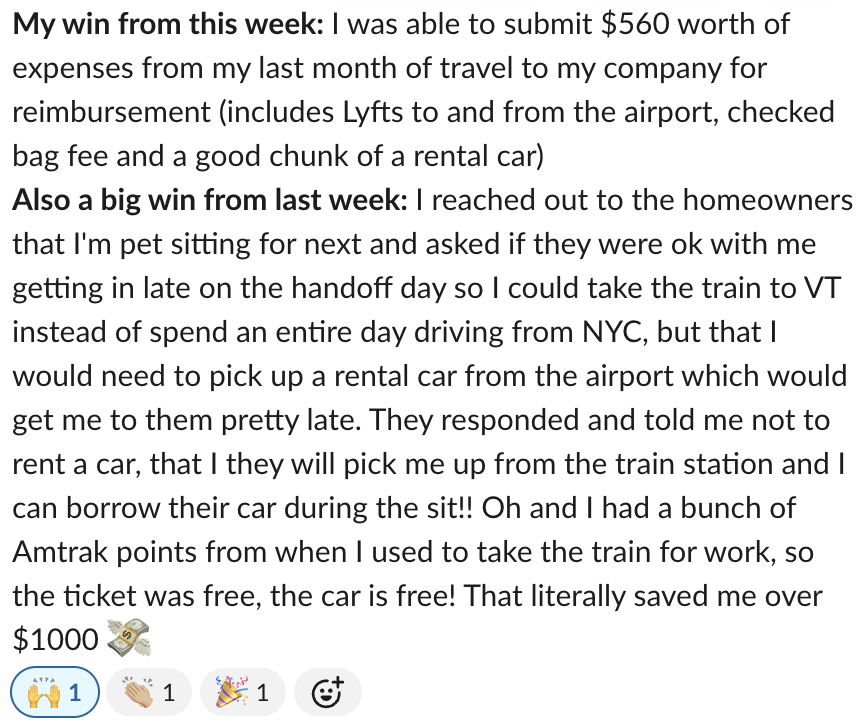 Text-based post describing a weekly win and a big win, mentioning a $560 expense reimbursement, pet sitting for neighbors, and saving over $1000 in transportation costs through Amtrak points.