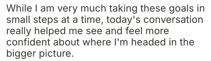Text on a white background that discusses taking small steps toward goals and feeling more confident.