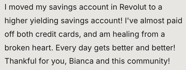 Screenshot of a personal message expressing financial and emotional improvement, gratitude, and hope.