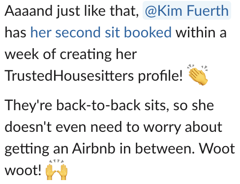 Screenshot of a social media post celebrating Kim Fuerth's second booked sit for Trusted Housitters, highlighting back-to-back bookings and her smooth experience.