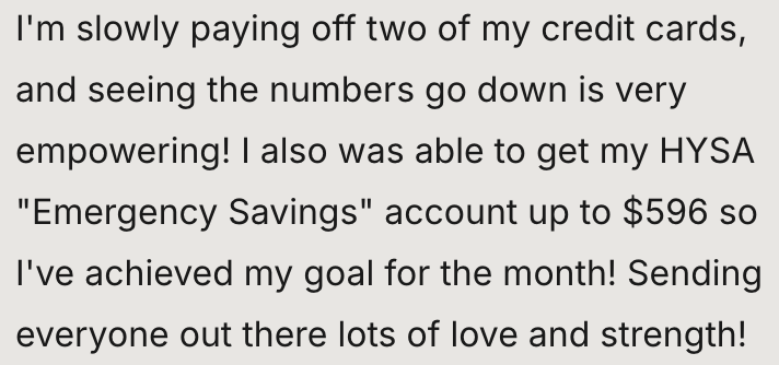 Screen showing text about paying off credit cards, saving money in an emergency savings account, and achieving financial goals.