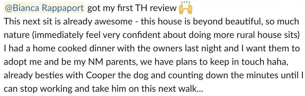 Text message expressing excitement about a house, mentioning nature, cooking dinner, and plans to adopt a dog.