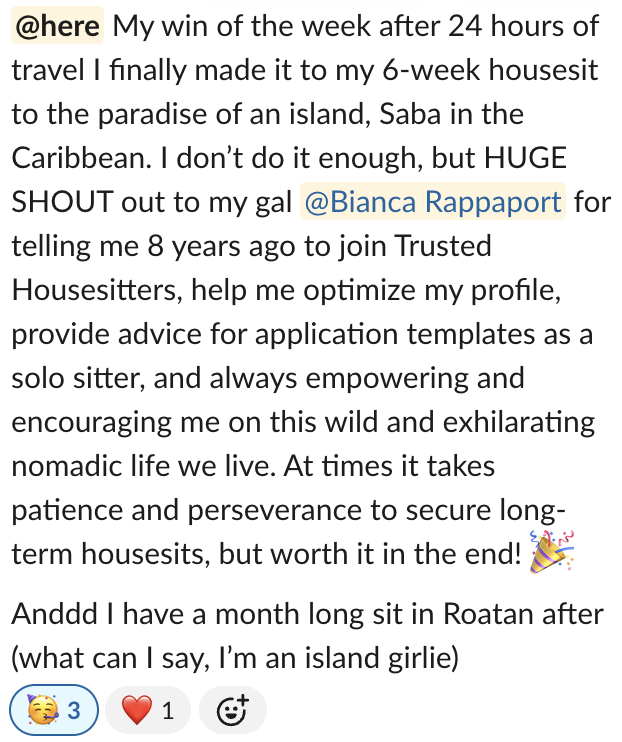 Text message expressing excitement about a trip to Saba in the Caribbean, thanking a friend for advice, mentioning a long stay in Roatan, and celebrating a special win.