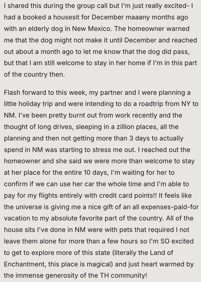 Screenshot of a text message discussing a booked pet-friendly house stay in New Mexico, travel plans, and excitement about exploring the state.