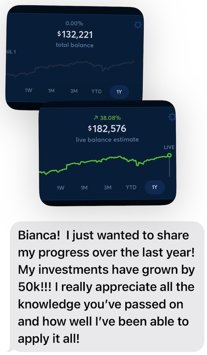 Screenshot of a financial app showing two account balances, one with a total balance of $132,221 and the other with a live balance estimate of $182,576, indicating a 38.08% increase over the past year. The user shares a message expressing gratitude f