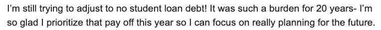 Text message about struggling to pay off student loan debt for 20 years, glad to prioritize paying it off this year to focus on future planning.
