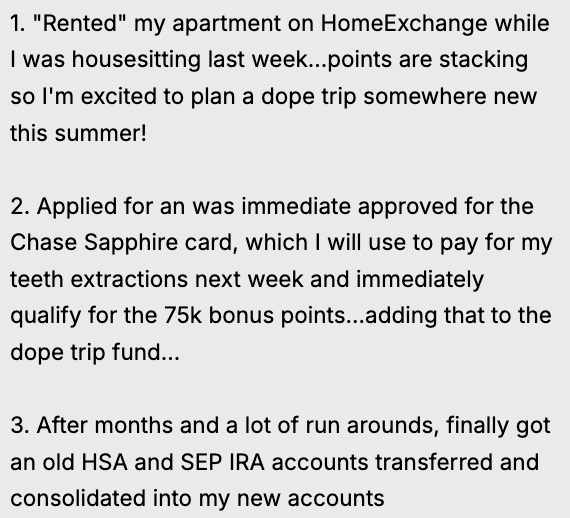 Text discussing renting an apartment, applying for a Chase Sapphire card, earning bonus points, and consolidating old retirement accounts into new accounts.