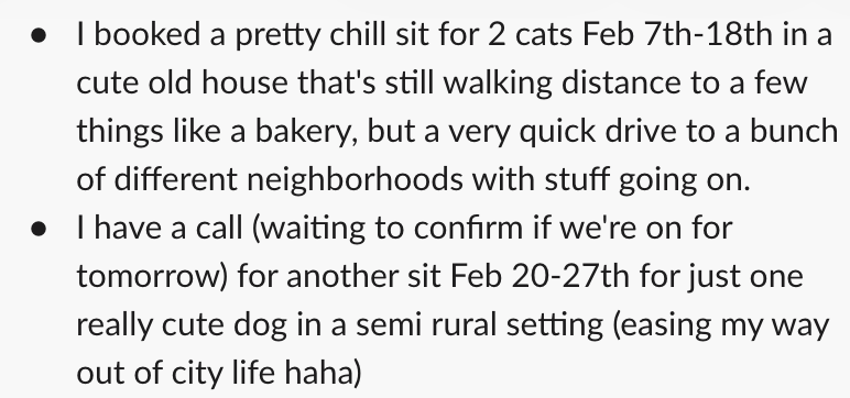A screenshot of a text message discussing booking a stay for cats and a dog at different locations and dates.