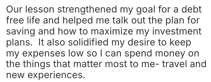 A text-based image with a motivational message about financial planning and personal growth.